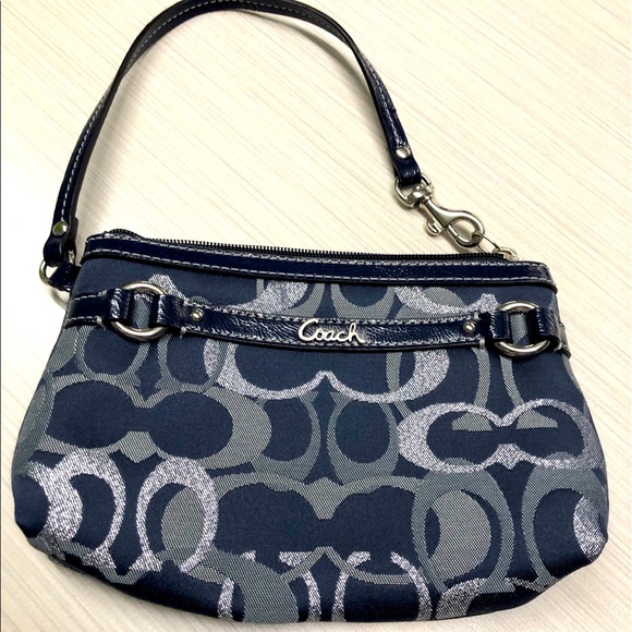 Coach Handbags - Coach Navy and Silver fabric wristlet